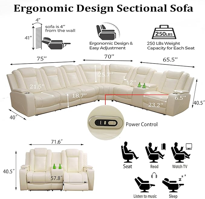 Power Reclining Sofa Set with LED Light, Living Room Furiture Set,Leather Reclining Sectional Couch with USB Port/Cup Holder for Living Room Home Office