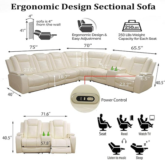 Power Reclining Sofa Set with LED Light, Living Room Furiture Set,Leather Reclining Sectional Couch with USB Port/Cup Holder for Living Room Home Office