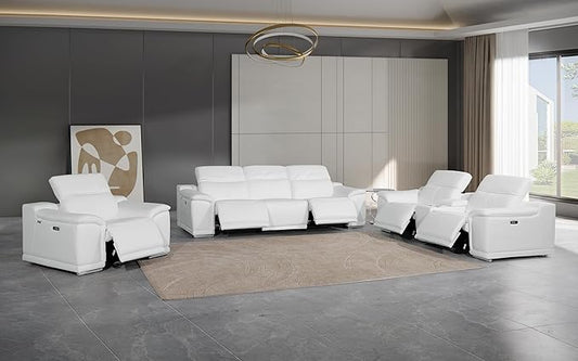 BlackJack Furniture Venice Top Grain Italian Leather Recliner 7 Seater 5 Power Reclining 3 Piece Sofa Set with Adjustable Headrests Modern Seating Sofa, Loveseat and Chair for Living Room , White