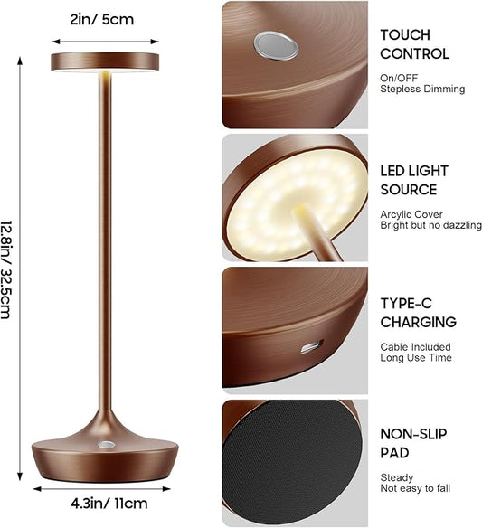 2 Pack LED Cordless Table Lamp Rechargeable，Outdoor Battery Operated Desk Lamp Touch 3 Color Dimming Portable Waterproof Night Light for Patio/Restaurant/Dining/Home (Coffee Brown)