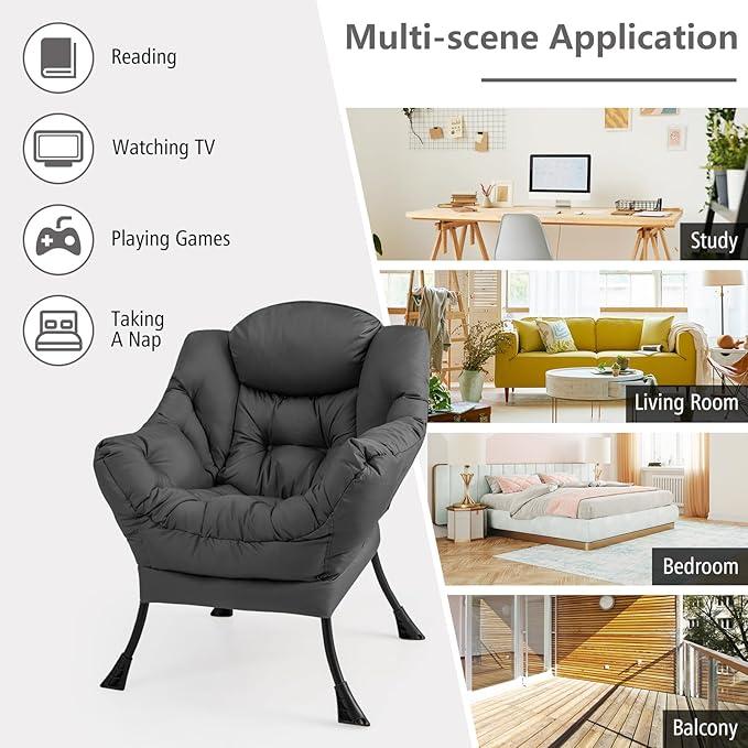 GORELAX Lazy Chair with Ottoman, Modern Accent Chair w/Armrests & Side Pocket, Upholstered Lounge Sofa Chair & Folding Footstool Set, Reading Chair for Bedroom, Living Room, Dorm Room (Grey)