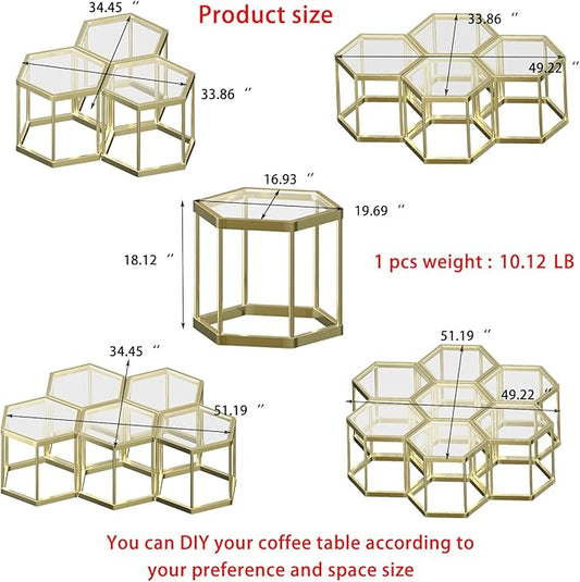 Gold Glass Coffee Table Modern Glass Center Table, Hexagon Free Combination Coffee Table Small End Tables for Living Room Set of 3