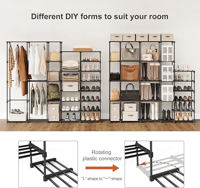 Portable Closet Wardrobe Clothes Rack with Shelves Freestanding Closet Organizer with Shoe Rack for Hanging Clothes 77.4x11.8x66 Inches for Bedroom Living Room with Rubber Hammer Black