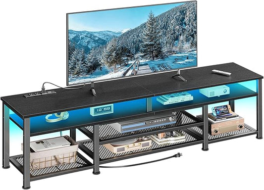 Furologee 71 Inch TV Stand with LED Lights, Entertainment Center with Power Outlets for 80 75 65 Inch TV, Media Console Table with Open Shelves, for Bedroom, Living Room, Black