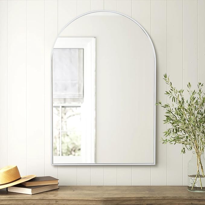 Arched White Bathroom Mirror,20 x 30 Inch Arch Wall Mirror with Wood Frame,Vanity Modern Tempered Glass Mirror for Bedroom,Entryway,Living Room