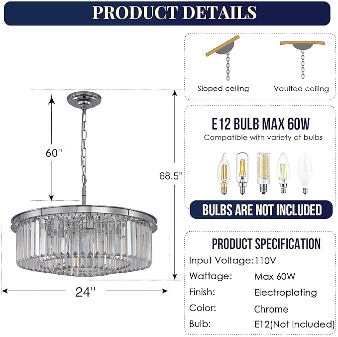 9Lights Crystal Chandelier Modern Chandeliers Lighting Pendant Ceiling Light Fixture 3-Tier for Dining Room Living Room Bedroom, Chrome Finished W24''
