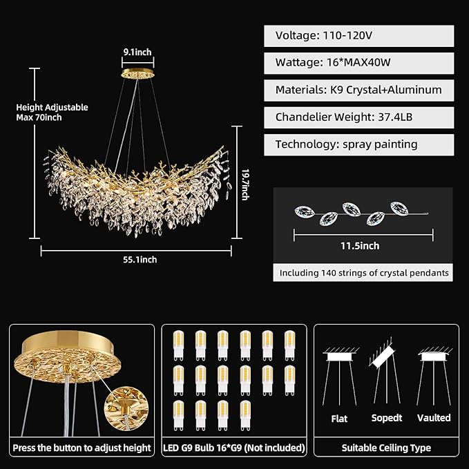 55" Gold Crystal Raindrop Chandelier 16 Light K9 Crystal Pendant Light Fixture Contemporary Tree Branch Chandelier for Dining Room, Living Room Kitchen Island
