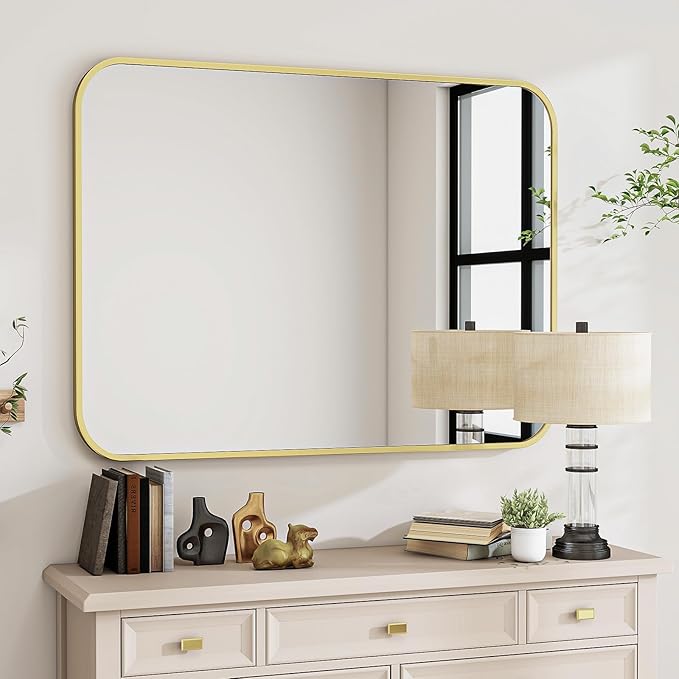 BEAUTYPEAK 30" x 40" Gold Metal Frame Rectangle Vanity Mirror with Rounded Corners, Wall Mounted Bathroom Mirror for Farmhouse, Restroom, Entryway, Horizontal or Vertical Hanging