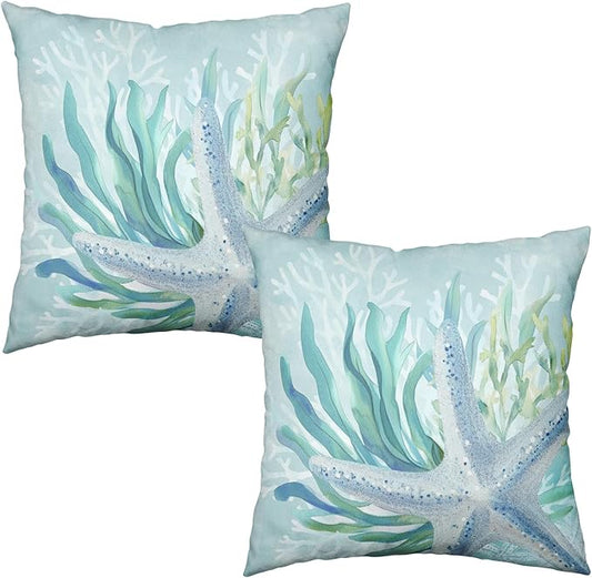 Coastal Nautical Starfish Pillow Covers 18x18 Set of 2 Ocean Coral Seagrass Summer Decorative Throw Pillow Cases Aqua Turquoise Beach Themed Outdoor Cushion Covers for Home Couch Sofa