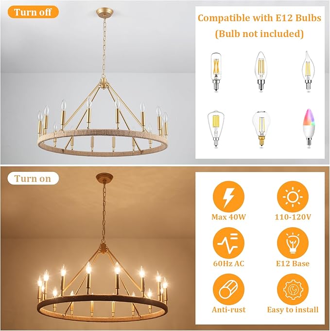 Rattan Wagon Wheel Chandelier 16 Light Farmhouse Chandeliers for High Ceilings Large Gold Pendant Light Fixtures for Dining Room Hemp Rope Around Wagon Wheel Light Fixture for Foyer,Living Room,E12