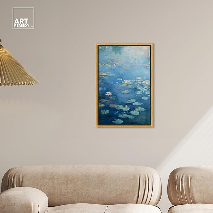 Art Remedy Lilypads In Blues Framed Impressionism 1 Piece Canvas Wall Art/Monet And Van Gogh Inspired Art, 17.5" x 25.5", Gold Frame