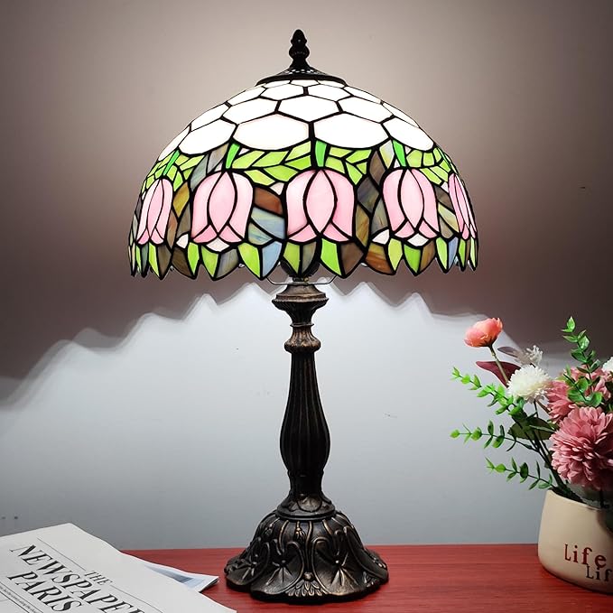 Tiffany Table Lamp 3-Color Light Stained Glass Lamp Tiffany Style Vintage Beside Reading Lamp 12 inch Living Room Light Flowers Style Antique Nightstand Light (Pink Tulip)