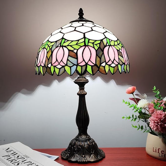 Tiffany Table Lamp 3-Color Light Stained Glass Lamp Tiffany Style Vintage Beside Reading Lamp 12 inch Living Room Light Flowers Style Antique Nightstand Light (Pink Tulip)