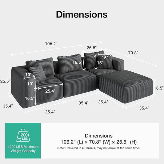 Novilla 106" Modular Sectional Sofa, Modern Cloud Sectional Couch with Smarts Coil® Support, L-Shape Boneless Couch for Living Room Apartments, No Assembly Required, Dark Gray (3 Seat w/ 1 Ottoman)