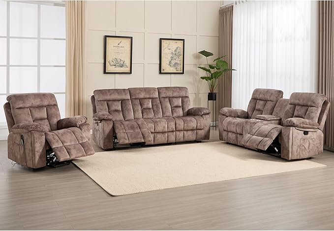 CANMOV Reclining Sofa Set, 3 Pieces Recliner Sofa Set, Power Lift Recliner Chair, Reclining Loveseat and 3-Seat Sofa for Living Room, Camel-Brown