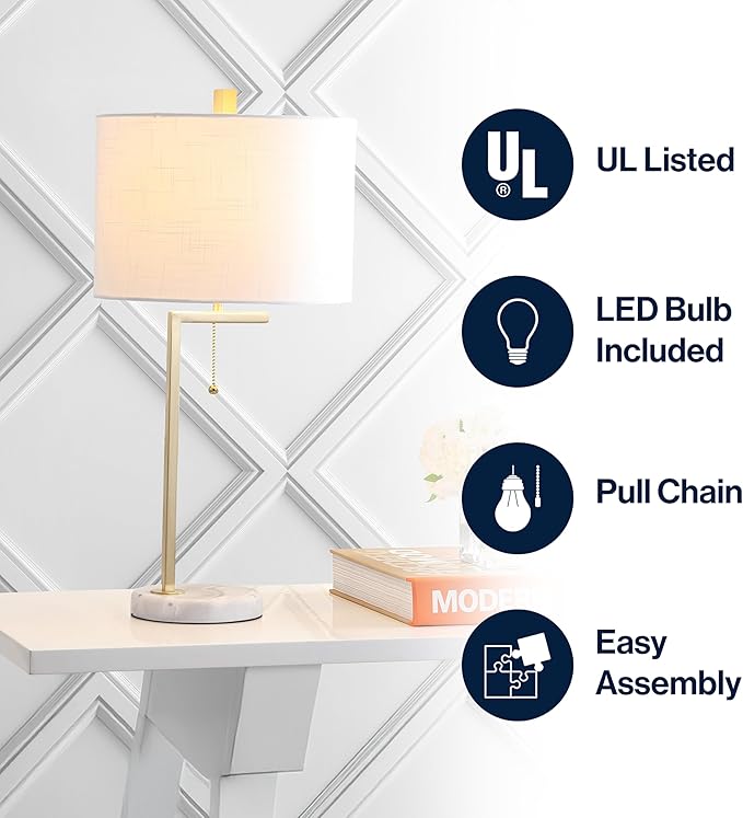 JONATHAN Y 24.5" Brass Gold/White Marble Modern Table Lamp for Bedroom, Linear Desk Lamp for Living Room Office, White Linen Drum Shade, Pull Chain, LED Bulb Included JYL1043A