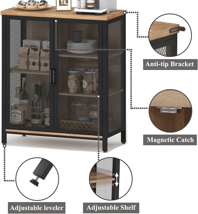 BON AUGURE Coffee Bar Cabinet with Storage for Home Kitchen, Rustic Liquor Cabinet for Entryway, Small Industrial Buffet Sideboard Cabinets for Dining Room (Vintage Oak)