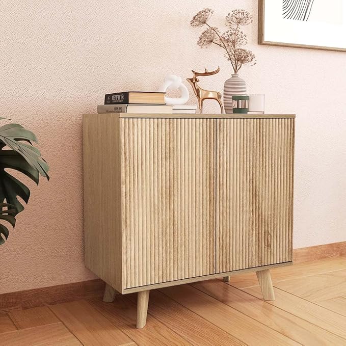 Set of 2 Sideboard Storage Cabinet with Doors and Shelves, Buffet Cabinet with Storage for Kitchen/Dinning Room, Credenza Storage Cabinet for Living Room/Entryway/Media/TV - Natural
