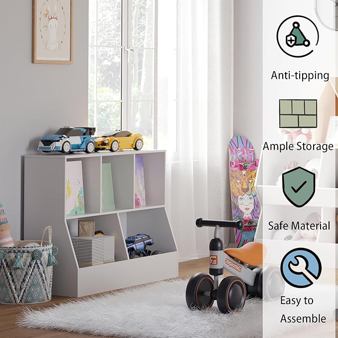 DINZI LVJ Toy Storage Organizer, Kids Bookshelf, Wood Toy Storage Cabinet, 5 Cubby Children Bookcase, 35.4" L Toddler Book Shelf for Playroom, Living Room, Nursery, Hallway, School, White