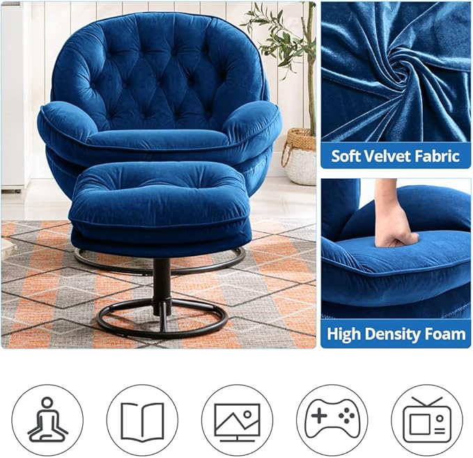 Velvet Swivel Accent Chair with Ottoman Set, Modern Lounge Chair with Metal Base Frame & Footrest, Comfortable Single Leisure Sofa Chair Reading Chair with 360 Degree Swiveling for Living Room, Blue