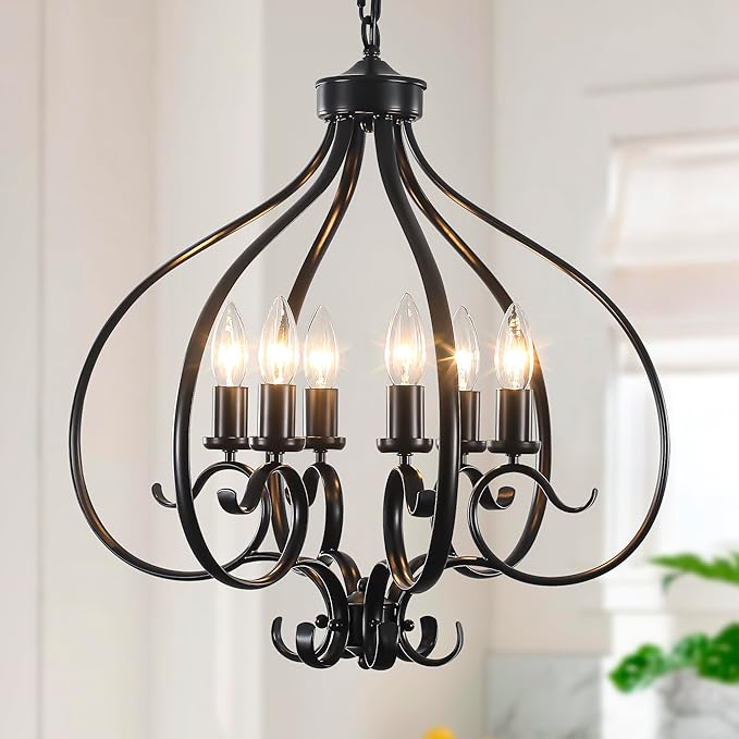 6-Lights Farmhouse Chandelier,19.68" Large Black Farmhouse Chandelier for Dining Room,Modern Vintage Rustic Adjustable Pendant Light Fixture for Kitchen Island Living Room Entryway Hallway Foyer