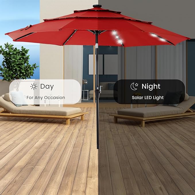 DUMOS 10FT 3-Tier Outdoor Patio Umbrella with 32 LED Lights & Crank, 8 Sturdy Ribs Table Umbrella for Pool, Market, Terrace, Beach and Outdoor Restaurant, Scarlet
