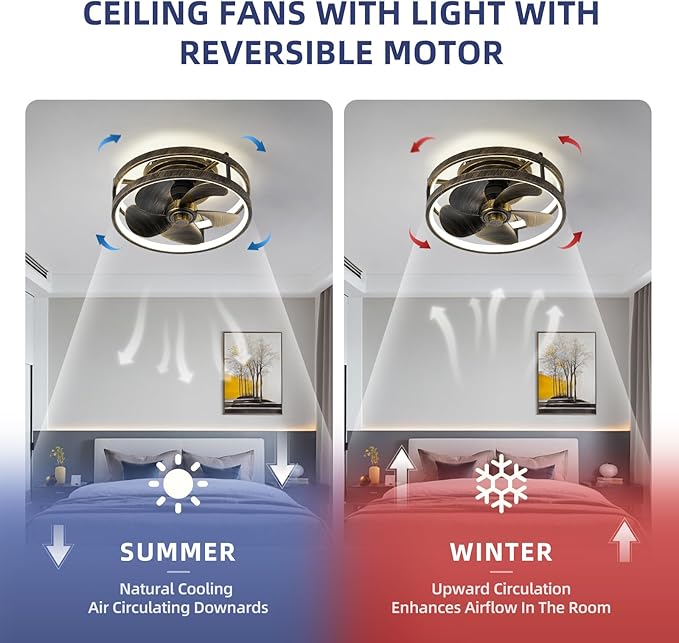 Small Ceiling Fans with Lights with Remote 13" Low Profile Flush Mount Modern Fandalier LED Smart Light Fan,Modern Lighting Fans for Bedroom Living Room (Black Golden)