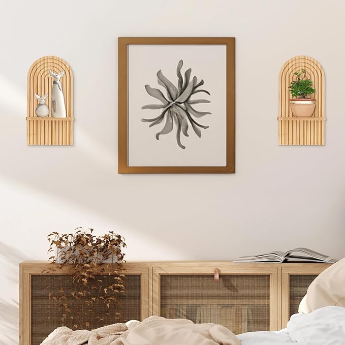 Boho Shelf Wall Decor - Bohemian Floating Shelves for Nursery Bedroom Living Room Aesthetic Hanging Shelf Modern Rainbow Wall Candle Holder (Natural)