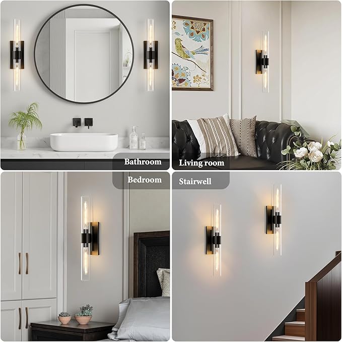 Black Brass Bathroom Wall Sconce - Modern Linear Light Sconces - Dimmable Lighting Fixtures - Vertical or Horizontal Mounted Clear Glass Tube Vanity Lights for Indoor Living Room Hallway