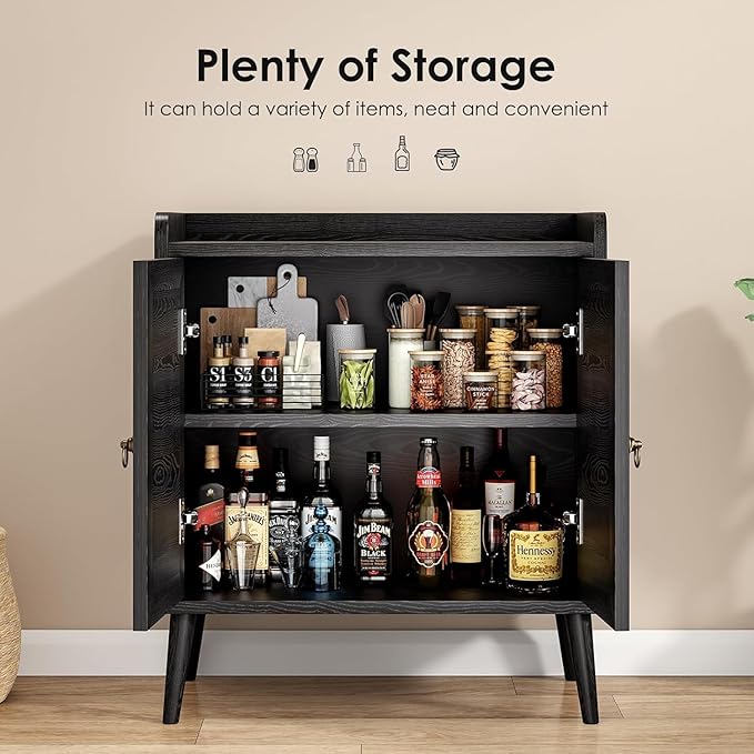 Sideboard Buffet Cabinet with Storage, Rustic Bar Liquor Cabinet with Boho Rattan Decorated Doors, Retro Credenza Console Table for Dining Room Living Room Hallway EntryWay, Black