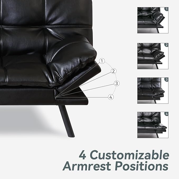 Futon Sofa Bed Convertible Couch, Black Faux Leather Sofa Bed with Memory Foam, Adjustable Backrest & Armrests, Multifunctional Small Loveseat Sleeper Sofa for Living Room, Apartment, Office