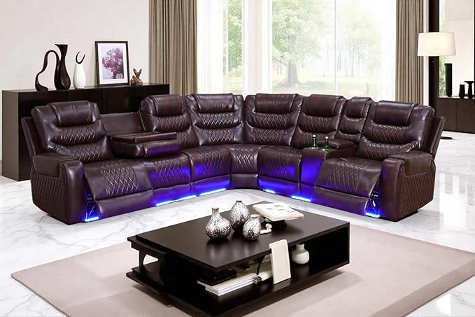 Power Recliner Sectional Sofa with LED Light for Living Room, Dark Brown Leather Reclining Sofa Corner Sectional Couches Set, Cup Holder, Storage Console for Home Theater Seating