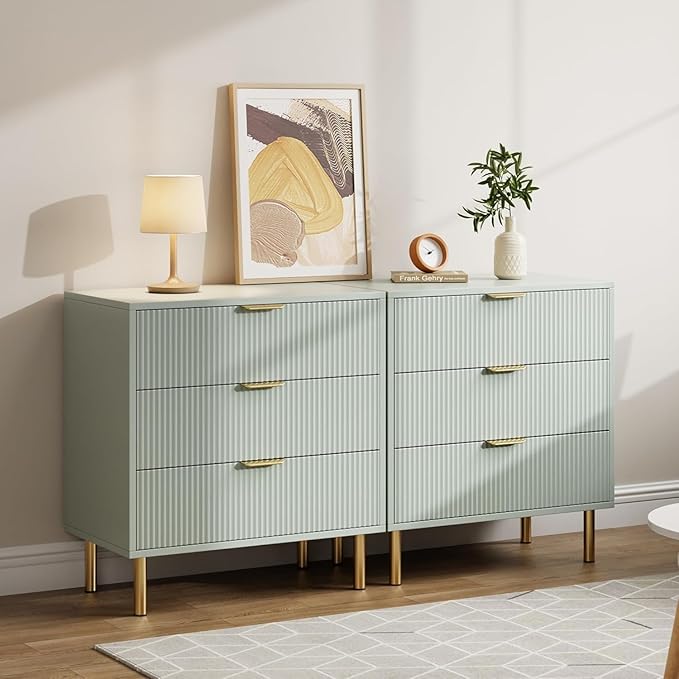 IDEALHOUSE Green Dresser, Modern 3 Drawer Dresser for Bedroom with Gold Handle and Large Drawer, Wood Double Chest of Drawers and Storage Organizer for Living Room, Hallway, Entryway