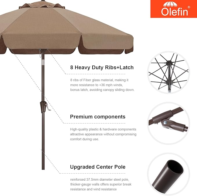 MASTERCANOPY 9ft Olefin Valance Patio Umbrella with Tilt Crank, 5-Year-Non-Fading Canopy & 8 Fiberglass Ribs for Deck, Patio, and Garden, Coffee & Orange Multi-Stripes