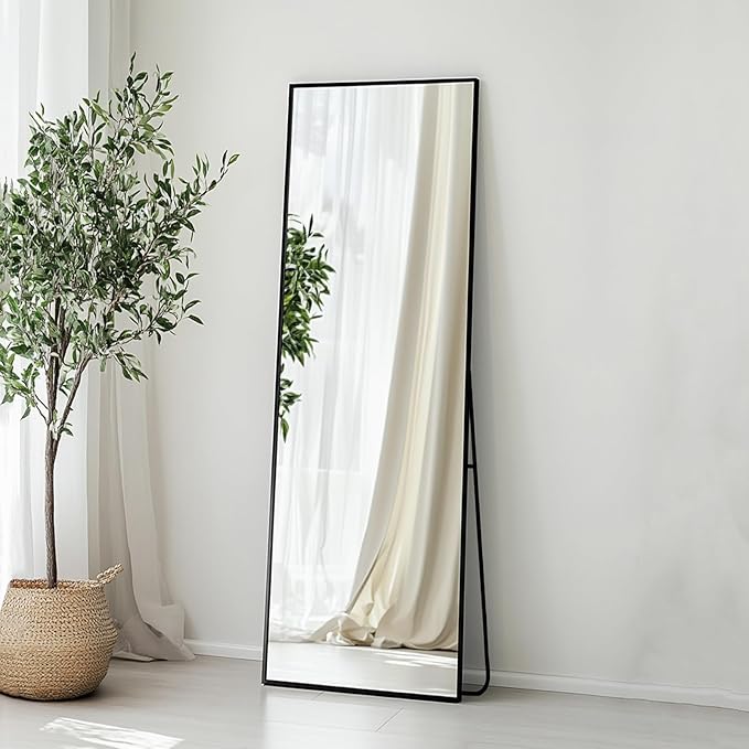 Full Length Mirror, Full Body Mirror with Aluminum Metal Frame, Standing Mirrors for Bedroom, Livingroom, Cloakroom, Hallway, Home Décor. (56x16 inch, Black)