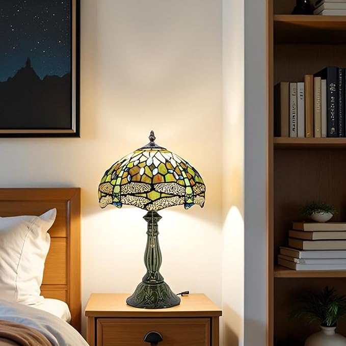 Tiffany Lamp Stained Glass Table Lamps Amber White Dragonfly Style Desk Lamp 12X12X18.5 Inch Bronze Ceramic Base Reading Light Suitable for Bedside Bedroom Living Room Dining Room Office