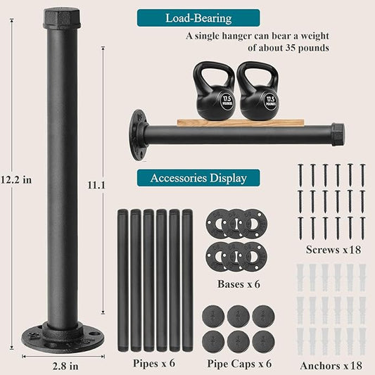 Cast Iron Wall Mounted Clothes Rack, Heavy Duty Industrial Pipe Clothing Rack for Hanging Clothes, Garment Racks for Wardrobe Organizers and Storage, DIY Closet Rods Closet Bar (Black 6 Pack, 12 in)