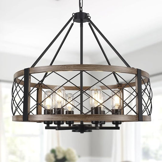 Modern Chandelier for Dining Room, 6-Light Wood Grain Finish Farmhouse Chandelier, 21.6” Brown Rustic Drum Hanging Light Kitchen Island, Round Metal Hanging Light Fixture for Foyer, Entryway, Bedroom