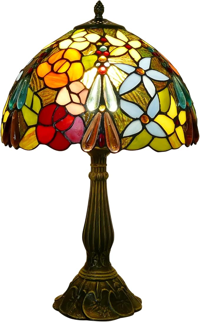 Tiffany Table Lamp 12x12x19 Inch Multi-Color Flowers Style Table Lamp Stained Glass Lamp Bedside Nightstand Reading Desk Light for Bedroom Home Office Decor (LED Bulb Included)