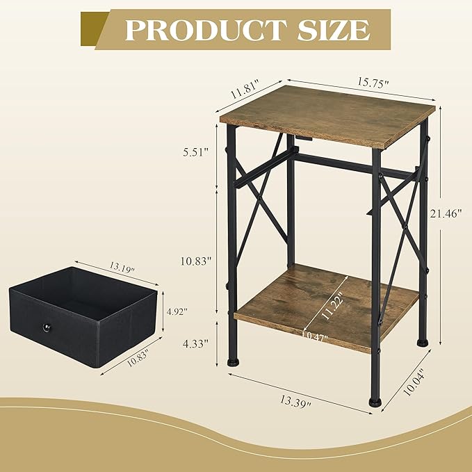 VECELO Nightstand, X-Design End Side Table with Fabric Storage Drawer and Open Shelf, Bedside Night Stand with Steel Frame for Bedroom, Living Room,Dorm, Easy Assembly, Antique Brown