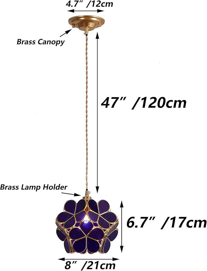 Bieye L10746 Petals Tiffany Style Stained Glass Ceiling Pendant Light with 8-inch Wide Lampshade (Cobalt Blue, 8" Cherry Blossom)