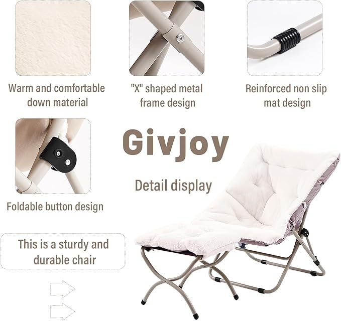 Comfy Folded Chair with Ottoman, Oversized Folding Faux Fur Chair Soft Furry Lazy Chair with Metal Frame Moon Chair Accent Chair for Bedroom, Living Room, Dorm Rooms