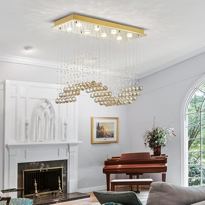 Saint Mossi 22019 8-Lights Modern K9 Crystal Chandelier Light Fixture, Raindrop Chandelier for Bedroom,Living Room,Dining Room, L30 x W12 x H26, Champagne Crystal & Light Gold Canopy