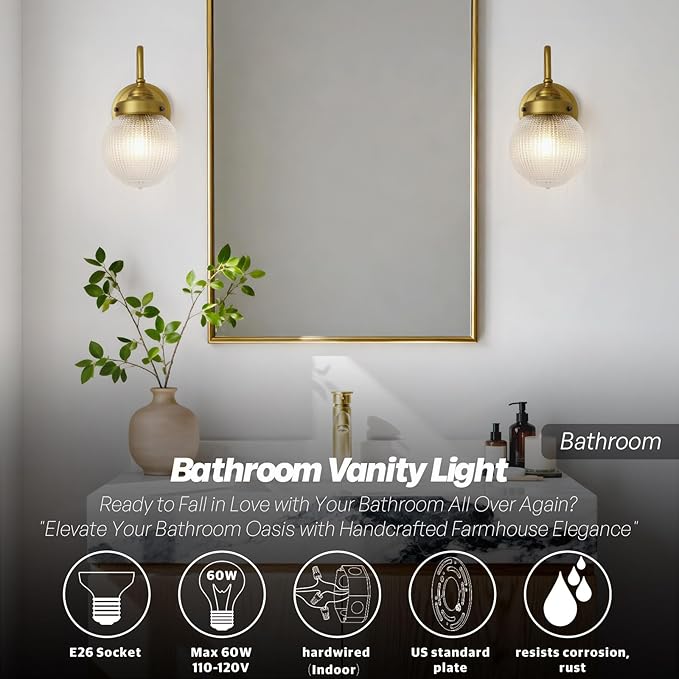 Curved Arm Wall Sconce Lighting with Clear Ribbed Glass Globe Shade, Vintage Brass Bathroom Wall Light Fixtures for Kitchen Living Room Bedroom Farmhouse