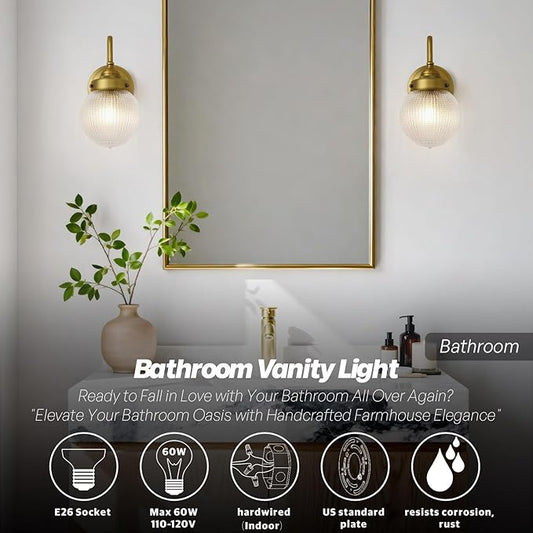 Curved Arm Wall Sconce Lighting with Clear Ribbed Glass Globe Shade, Vintage Brass Bathroom Wall Light Fixtures for Kitchen Living Room Bedroom Farmhouse