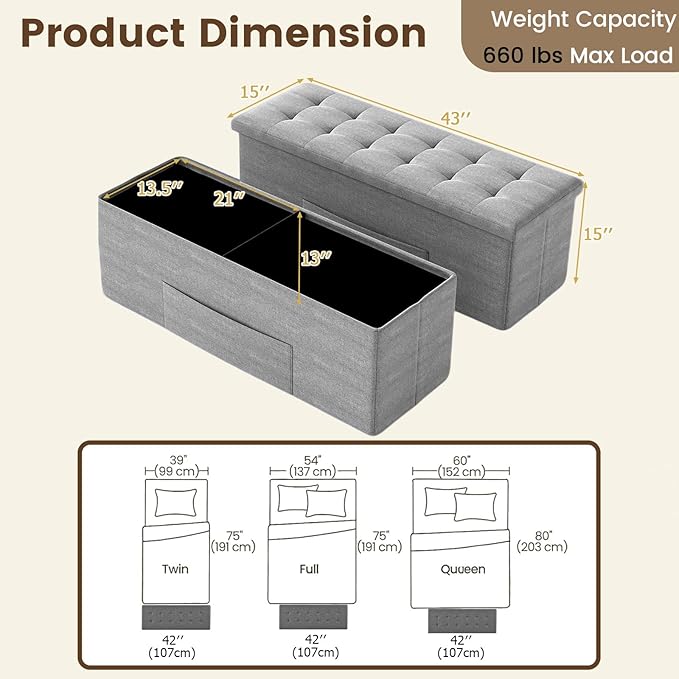 Giantex Storage Ottoman Bench, 43"L Folding Foot Rest Storage Chest with Side Pocket, Divider, Padded Seat Shoe Bench for Living Room Bedroom Hallway Entryway End of Bed (Light Gray)