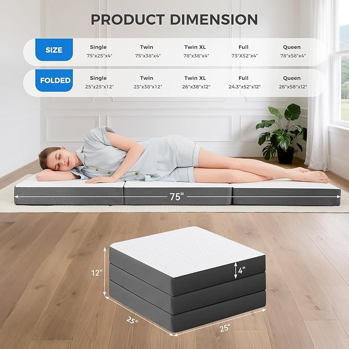 MASVIS Trifold Mattress, 4 Inch Memory Foam Foldable Mattress with Washable Cover, Tri-Folding Floor Bed for Camping, Single