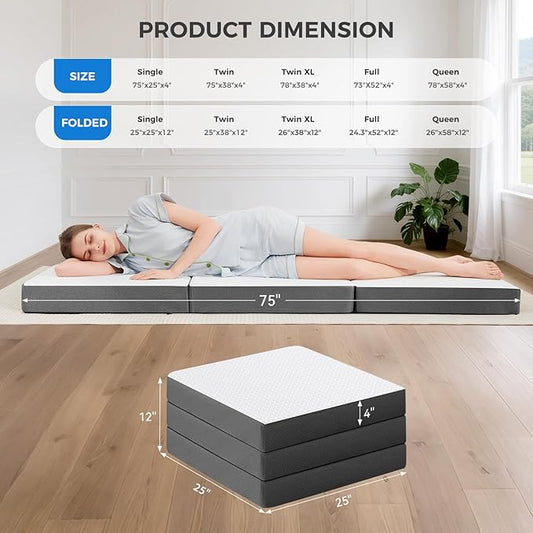 MASVIS Trifold Mattress, 4 Inch Memory Foam Foldable Mattress with Washable Cover, Tri-Folding Floor Bed for Camping, Single