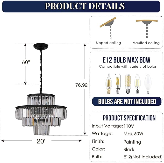 Black Luxury Crystal Chandelier Modern Chandeliers Lights Fixture Hanging Pendant Light Fixture for Dining Room Bedroom Living Room Dia 20 Inch-Black