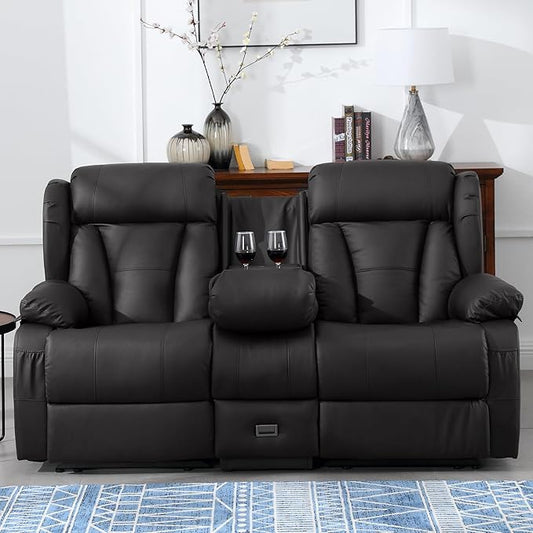 72.8" Manual Reclining Loveseat Sofa - Wall Hugger Double Loveseat Recliner with Console, Fold-Down Table and Built-in Outlets, Manual Recliner Chair for Living Room RVs Home Theater (Black)